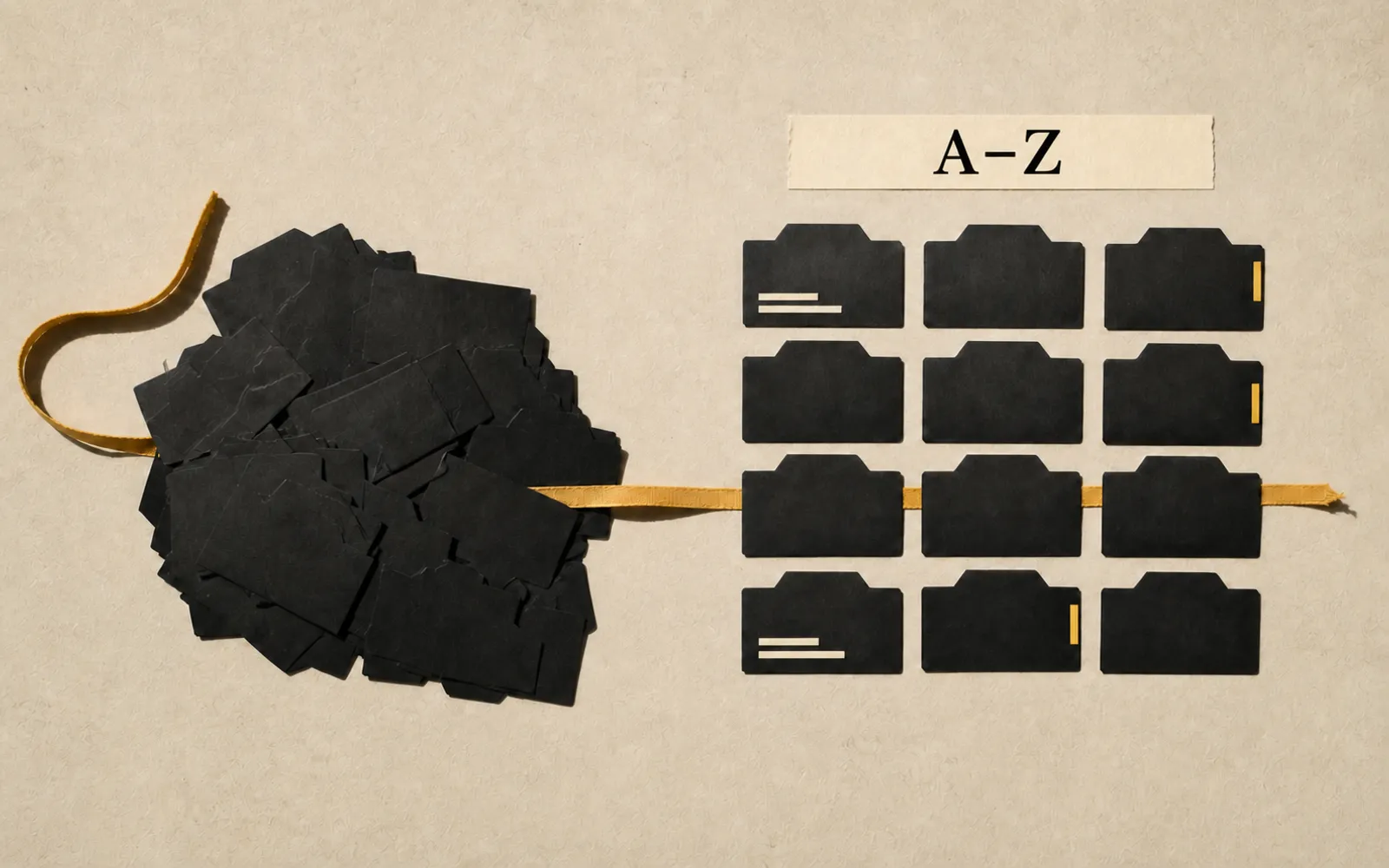 Loose index cards becoming an organized A-to-Z dictionary along a gold ribbon