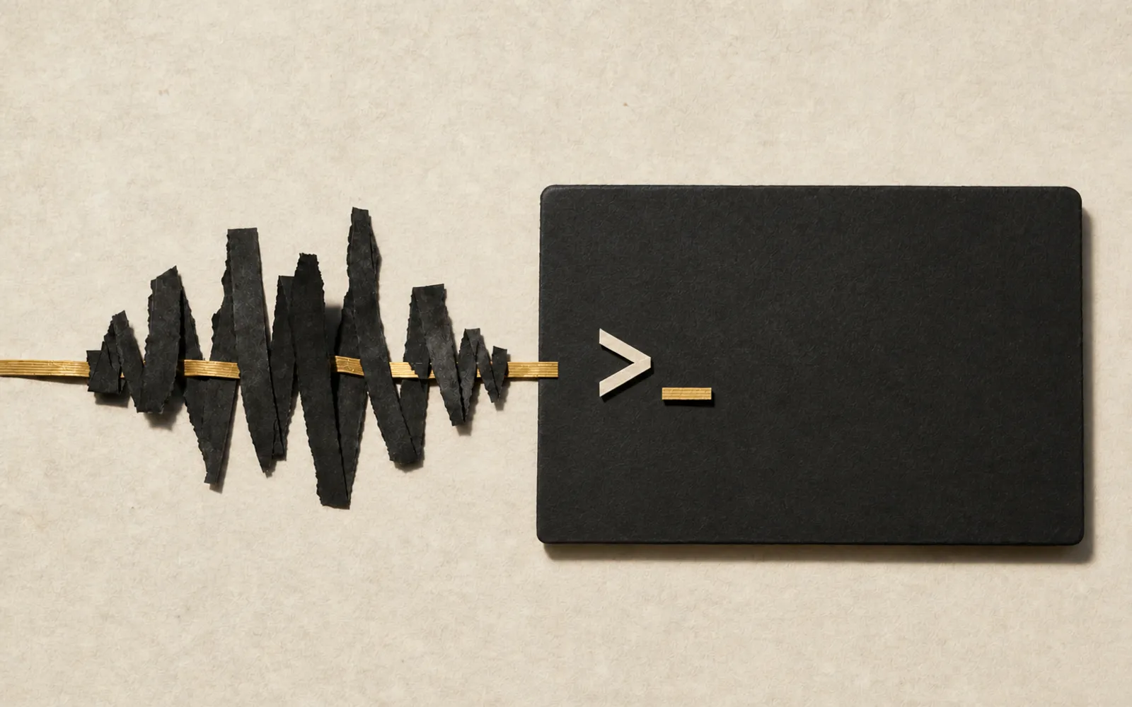 A paper waveform entering a charcoal terminal card marked with a command prompt and cursor