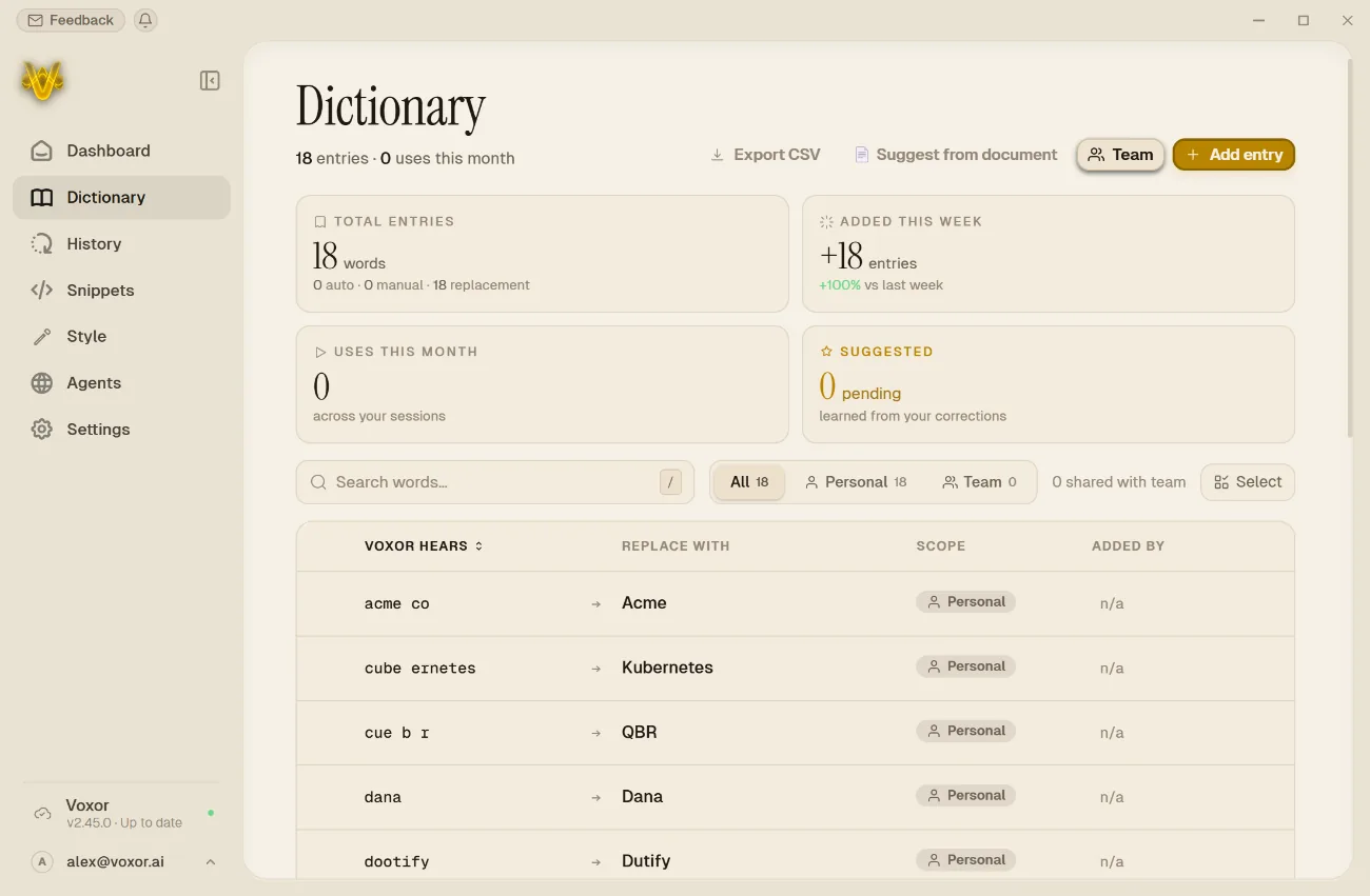 Voxor’s custom dictionary, with personal terms and learned corrections