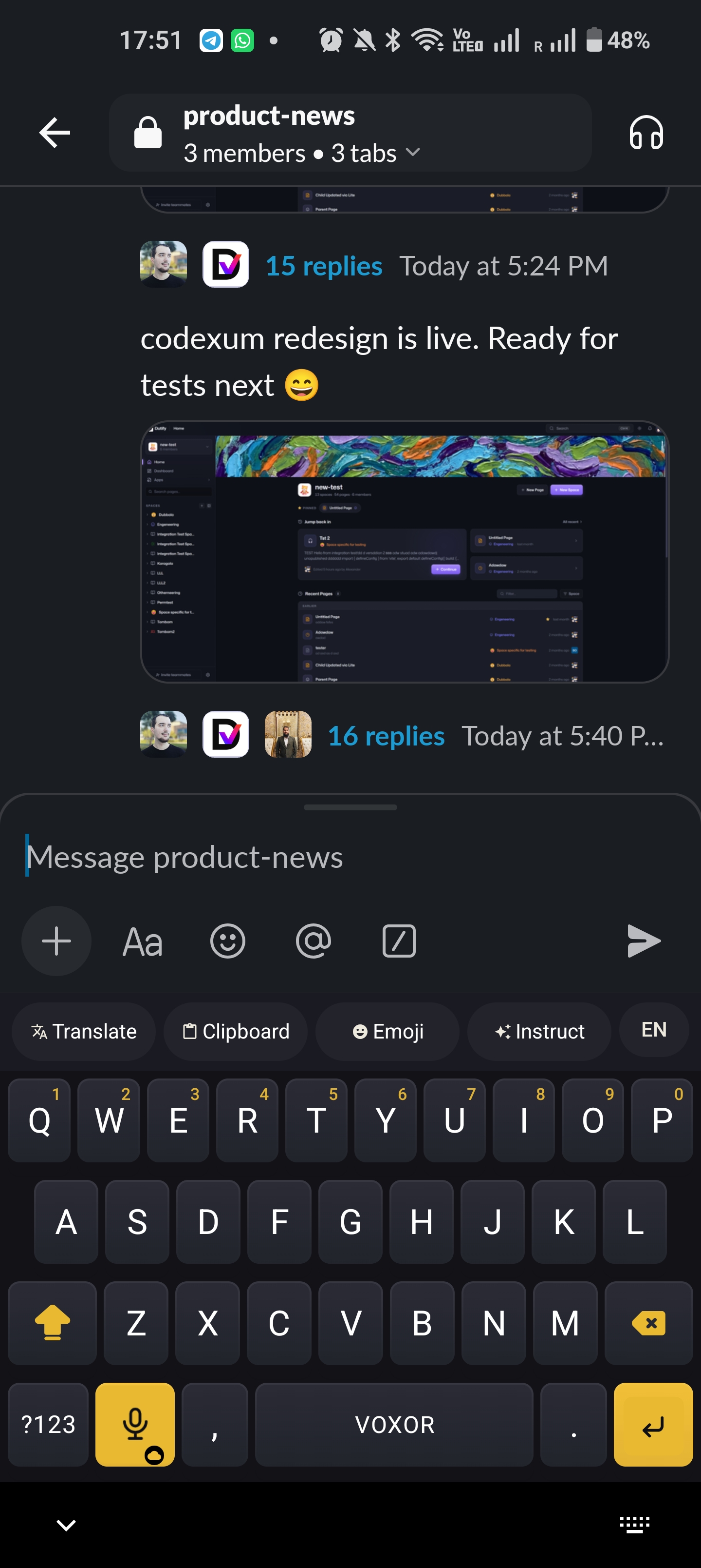 Tastiera mobile Voxor dentro Slack