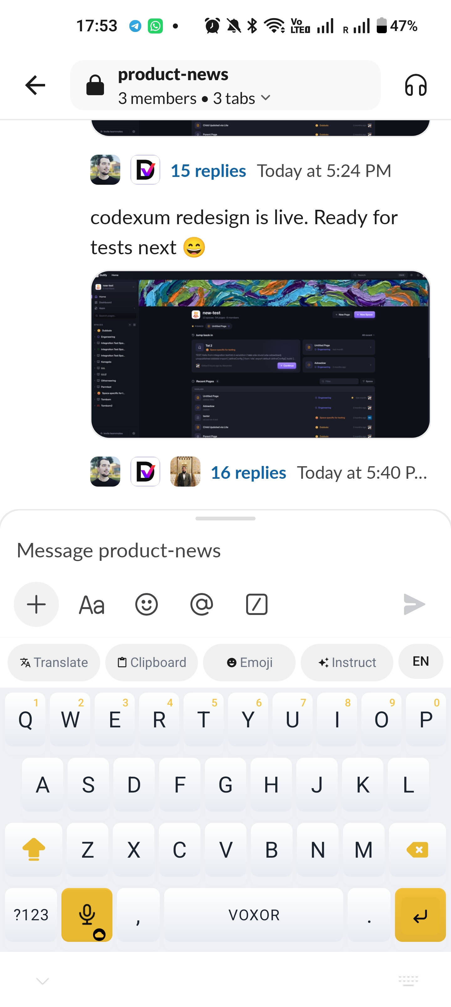 Tastiera mobile Voxor dentro Slack